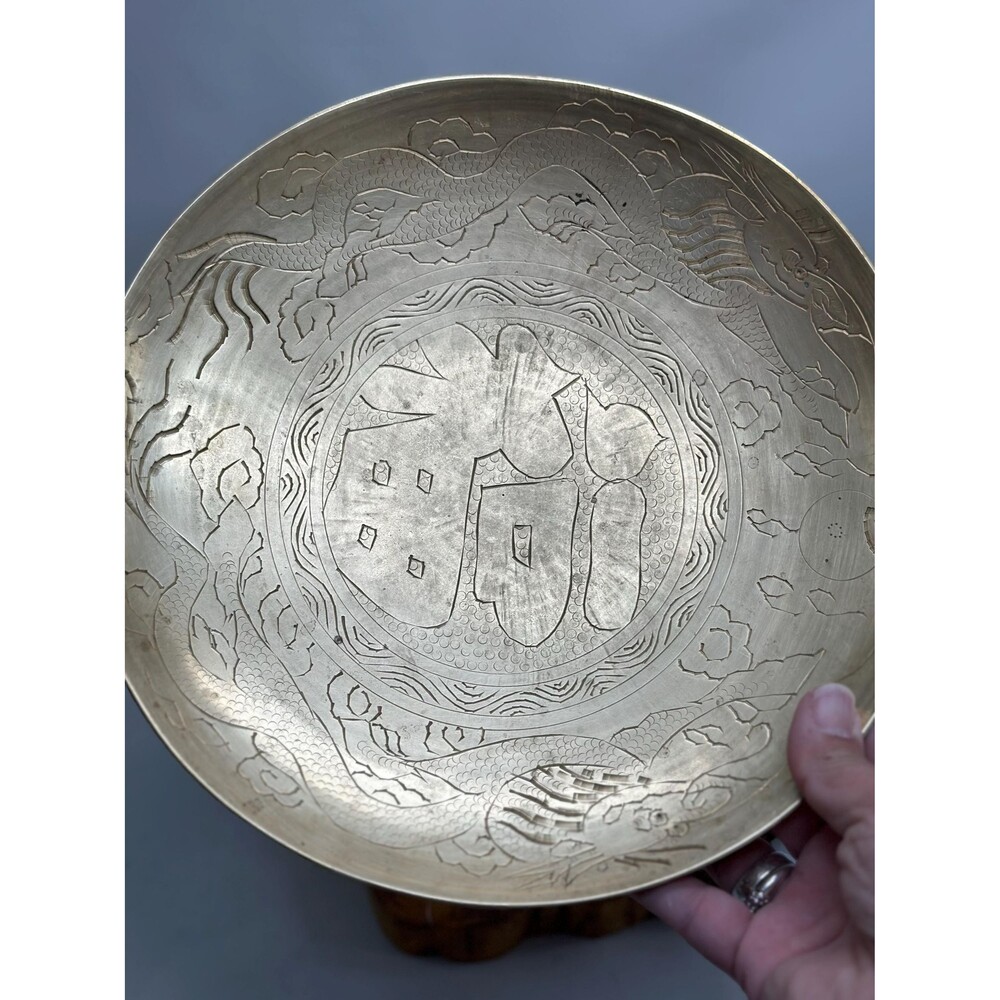 Brass Bowl Plate With Engraved Dragons Florals Design Heavy